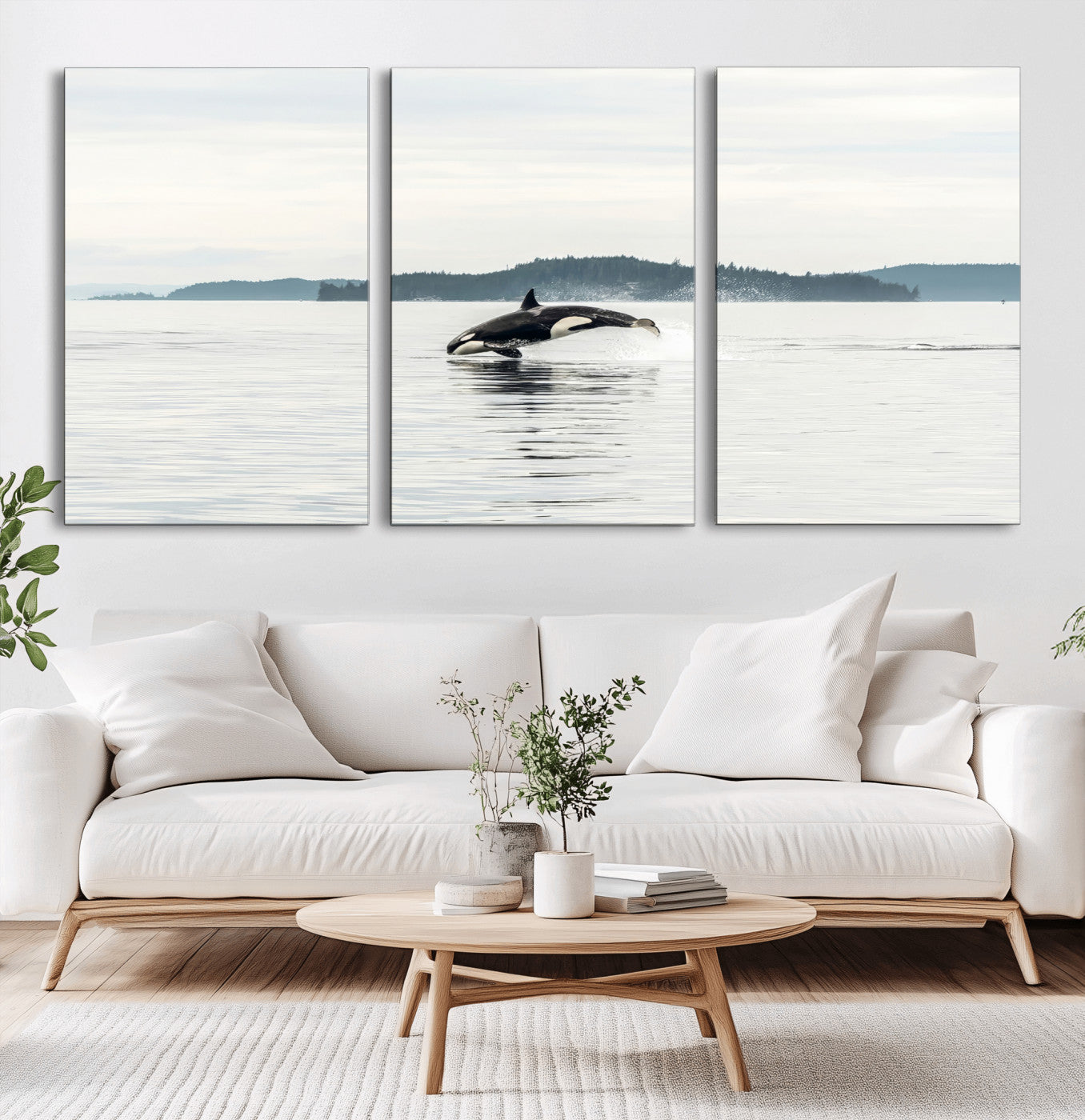 An orca jumping out of calm ocean waters with a misty island in the background, creating a serene and minimalist marine wildlife scene.