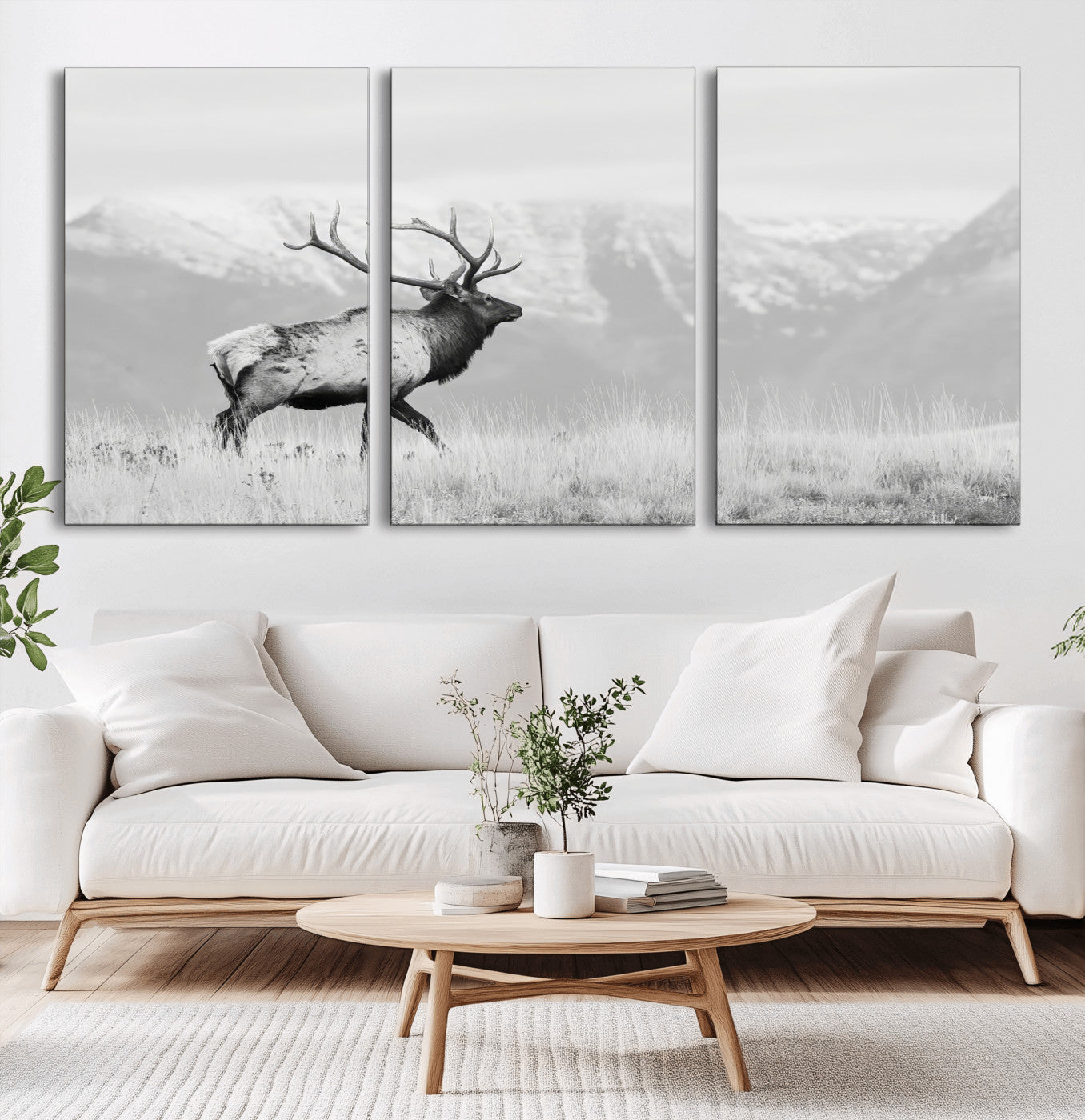 Black and white photograph of a majestic elk standing in a grassy field with snow-capped mountains in the background, creating a bold and rustic wilderness scene.