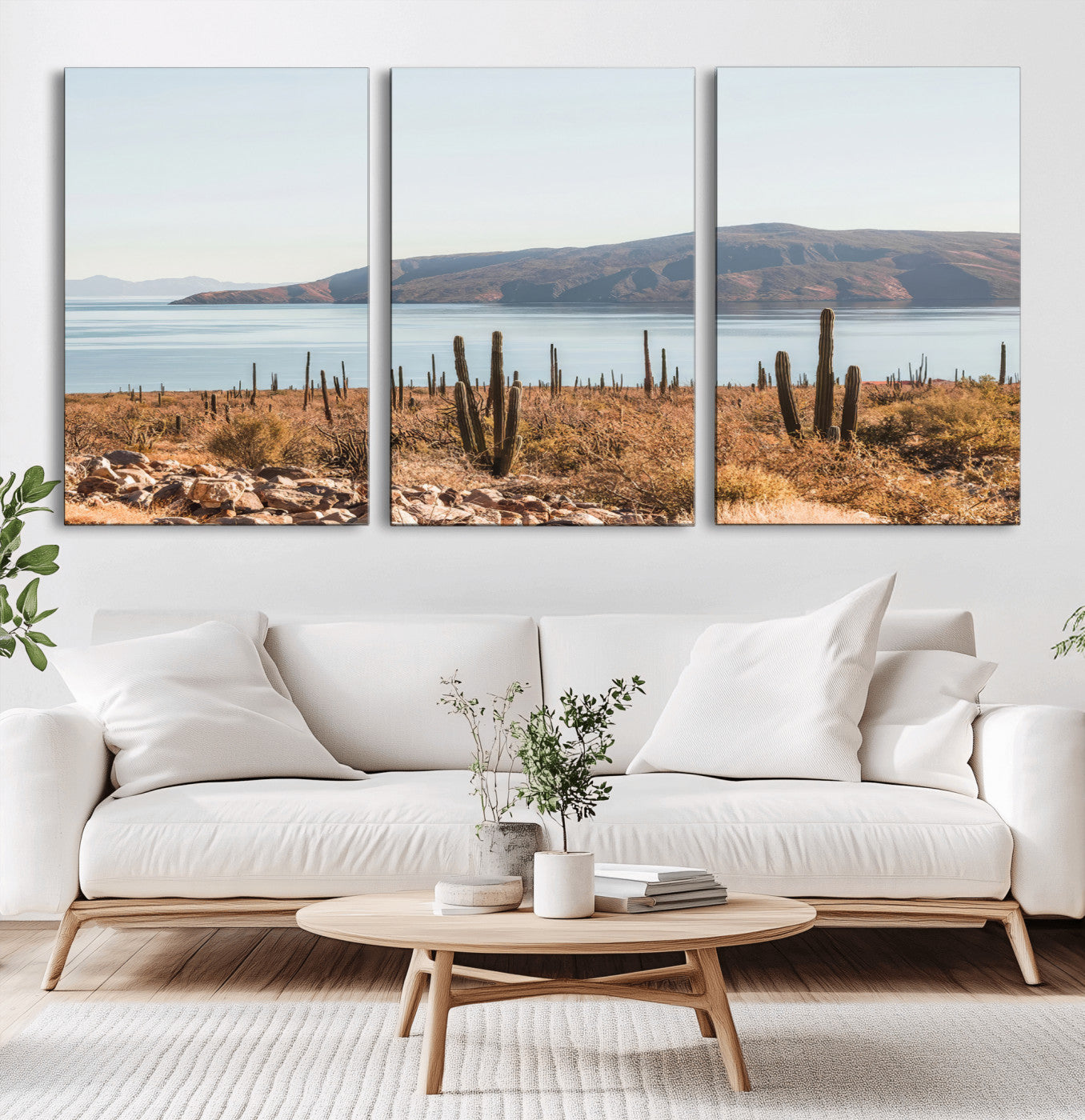 Warm desert landscape with cacti and coastal mountains, perfect for southwestern or earthy calm-themed home wall decor.