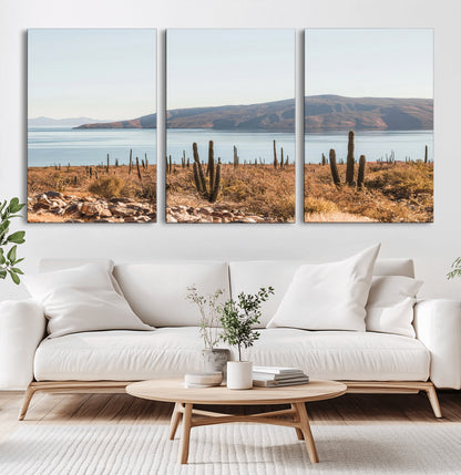 Warm desert landscape with cacti and coastal mountains, perfect for southwestern or earthy calm-themed home wall decor.