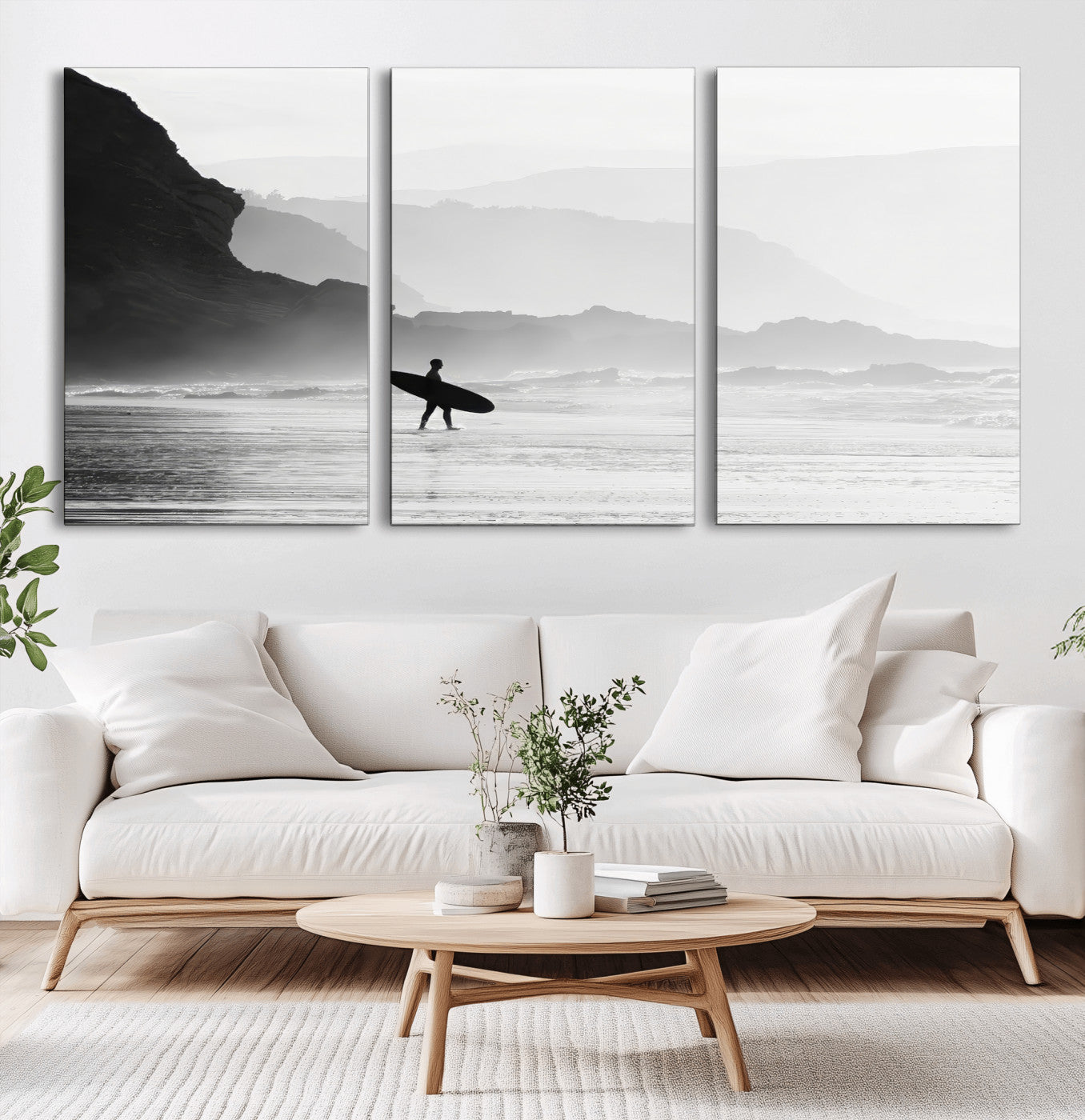 A lone surfer walking along a misty beach with cliffs in the background, carrying their board, capturing a serene and minimal ocean moment.