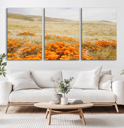 A golden field with vibrant orange poppies blooming across rolling hills under a soft, sunlit sky, creating a warm and rustic landscape.