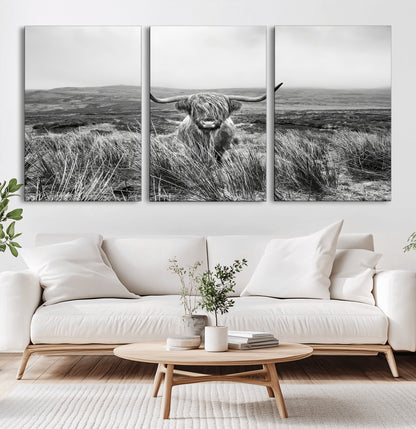 A black and white portrait of a Highland cow in a foggy Scottish countryside, capturing a rustic aesthetic and tranquil farm escape.
