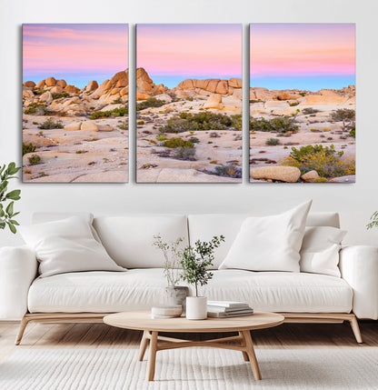 A breathtaking desert landscape featuring rugged rock formations under a vibrant pastel sunset sky, capturing the warmth and serenity of a Southwestern wilderness.