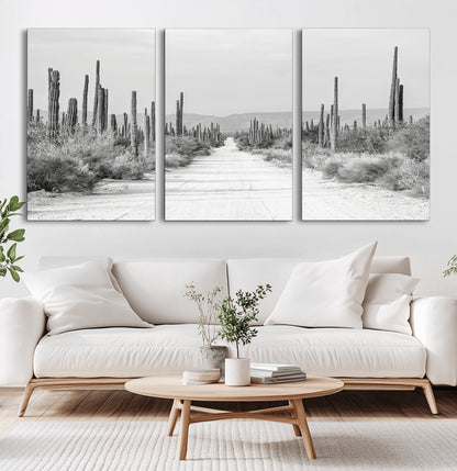 A black and white desert road stretching through a cactus-filled landscape, creating a rugged and timeless southwestern aesthetic with a sense of adventure.