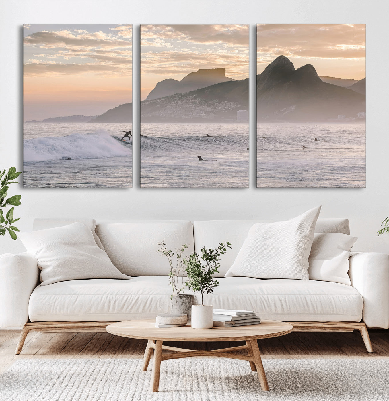 A surfer rides a golden hour wave near misty coastal mountains, surrounded by fellow surfers, capturing the spirit of a coastal adventure.