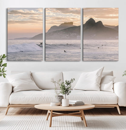 A surfer rides a golden hour wave near misty coastal mountains, surrounded by fellow surfers, capturing the spirit of a coastal adventure.