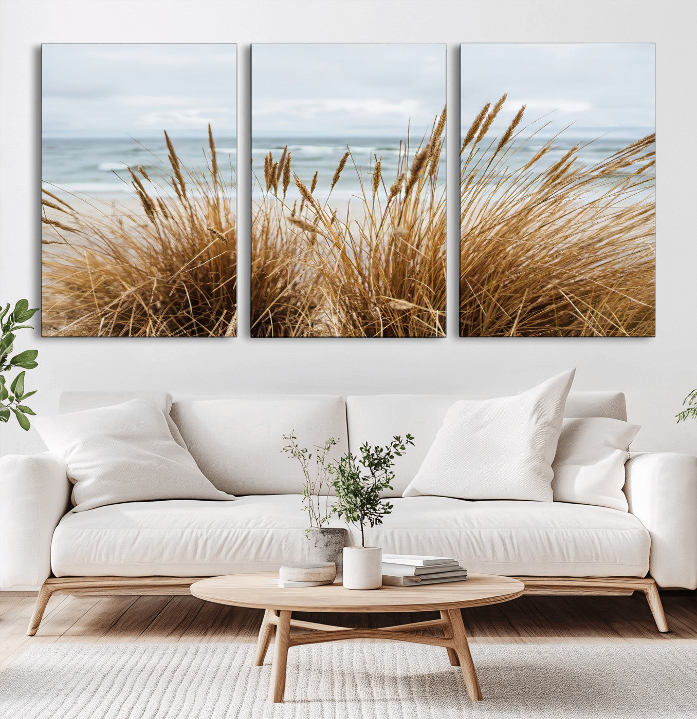 Canvas of golden beach grass swaying by the ocean under a soft cloudy sky, perfect for neutral-toned or coastal minimalist decor.
