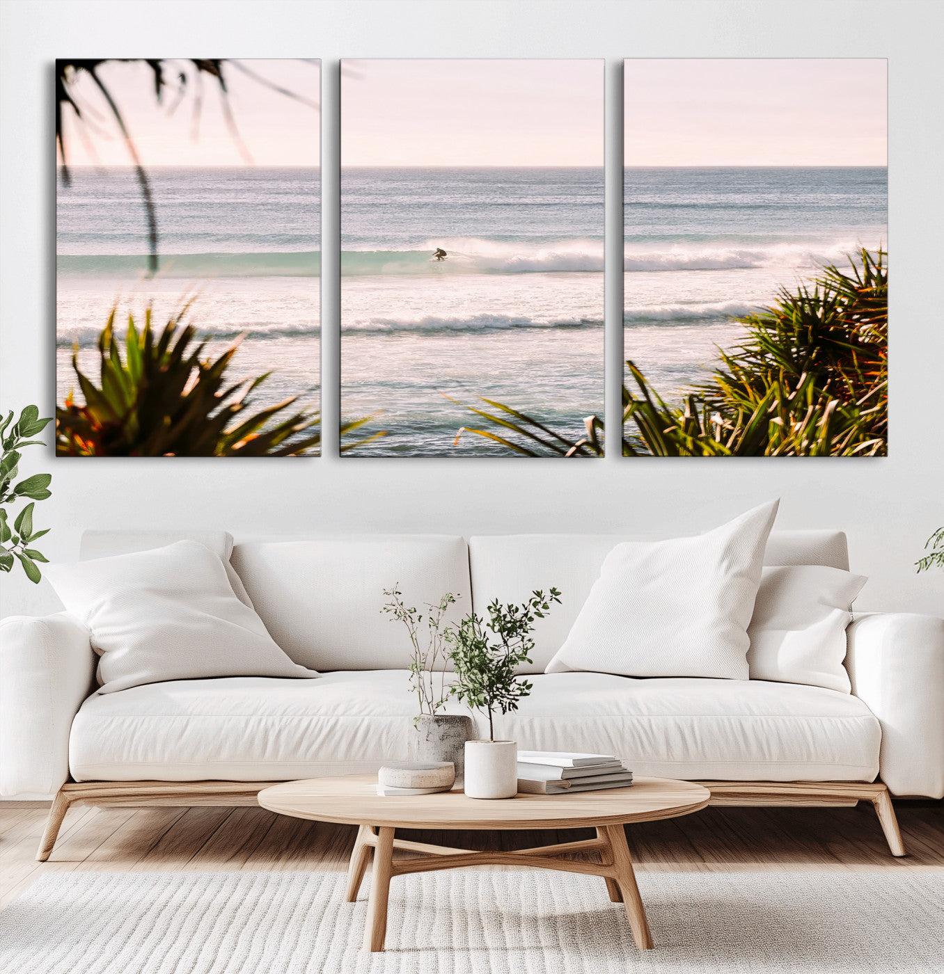 Canvas of a lone surfer riding a pastel wave at sunrise, perfect for tropical or coastal-themed spaces with a relaxed, airy vibe.
