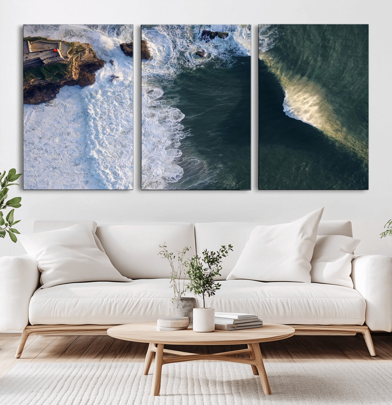 Canvas showing an aerial view of crashing waves along the Nazaré coastline, perfect for dramatic coastal or ocean-themed home decor.