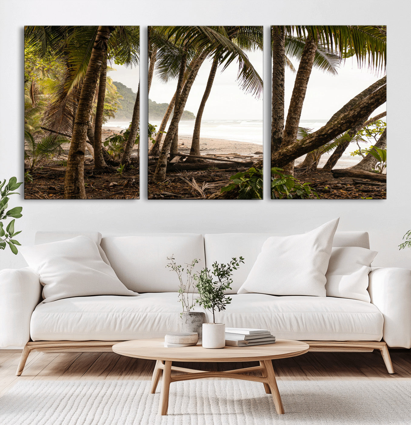 Dense tropical palm trees framing a sandy beach and ocean shore, ideal for jungle or coastal themed interior wall decor.