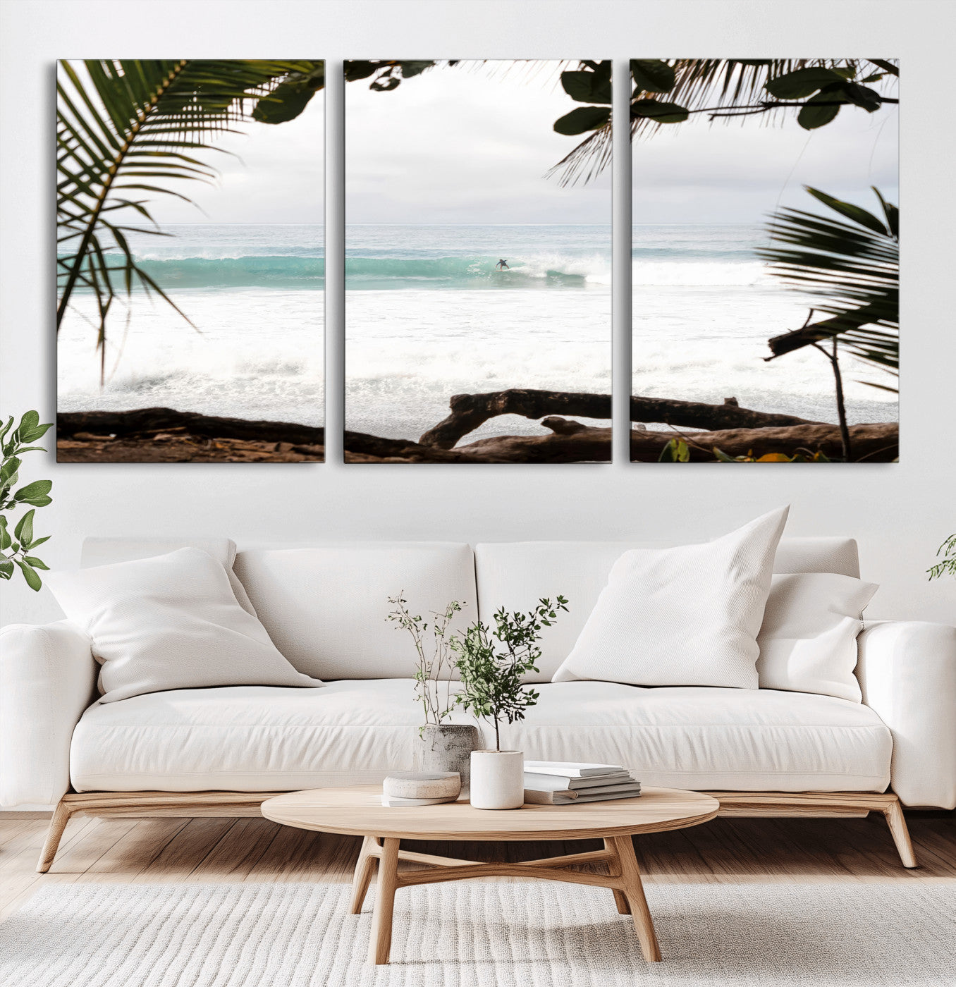 Tropical beach view with palm trees and surfer riding a wave, perfect for boho or coastal-inspired interior wall decor.