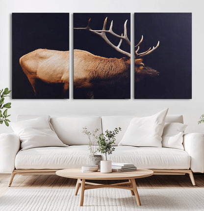 Side profile of an elk with large antlers on dark background, creating a bold rustic statement for cabin or Western-themed decor.