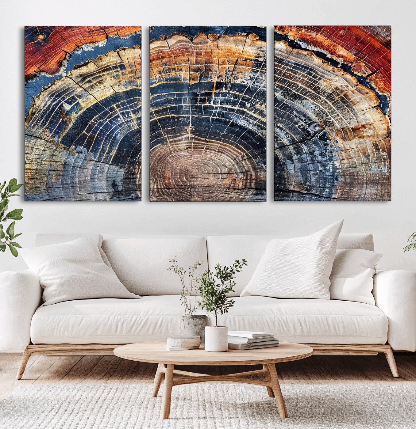 Vibrant tree ring with orange, brown, and blue tones in abstract detail, perfect for rustic or boho-inspired wall decor.