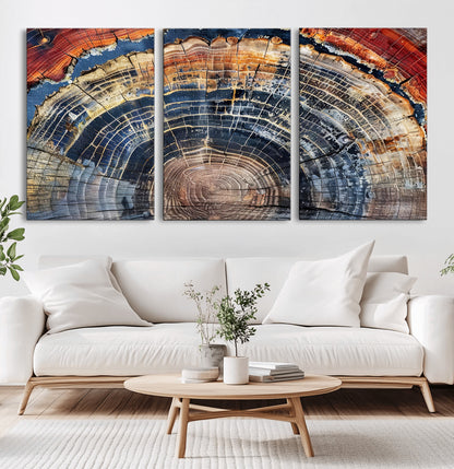Vibrant tree ring with orange, brown, and blue tones in abstract detail, perfect for rustic or boho-inspired wall decor.
