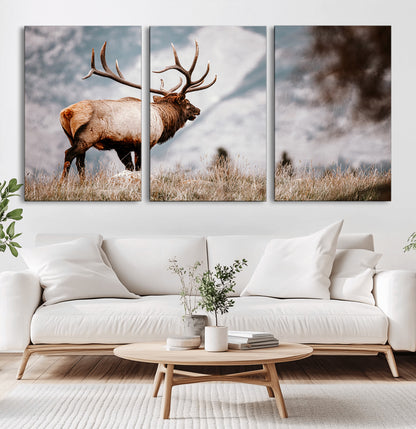 Majestic elk with large antlers standing in grass with snowy mountains in background, perfect for rustic cabin or lodge style decor.