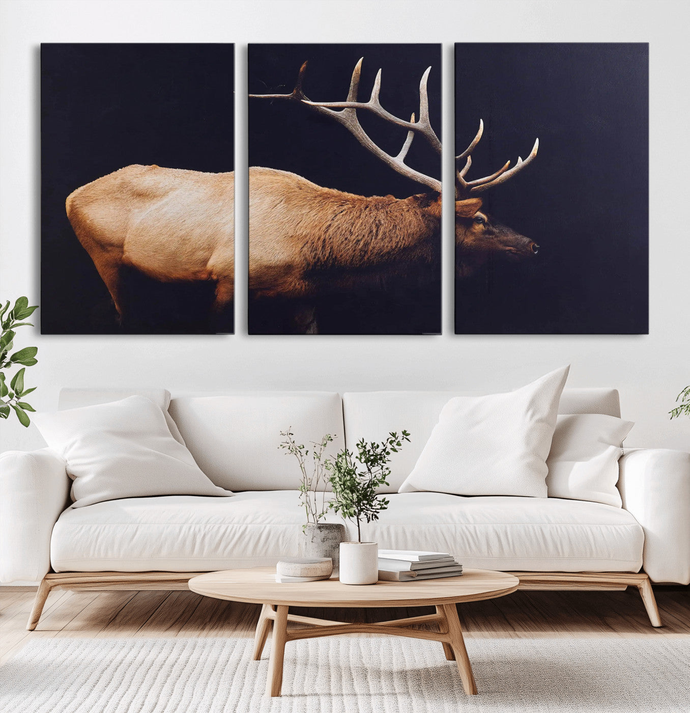 Side view of a majestic elk with large antlers against dark background, perfect for rustic lodge or cabin style home decoration.