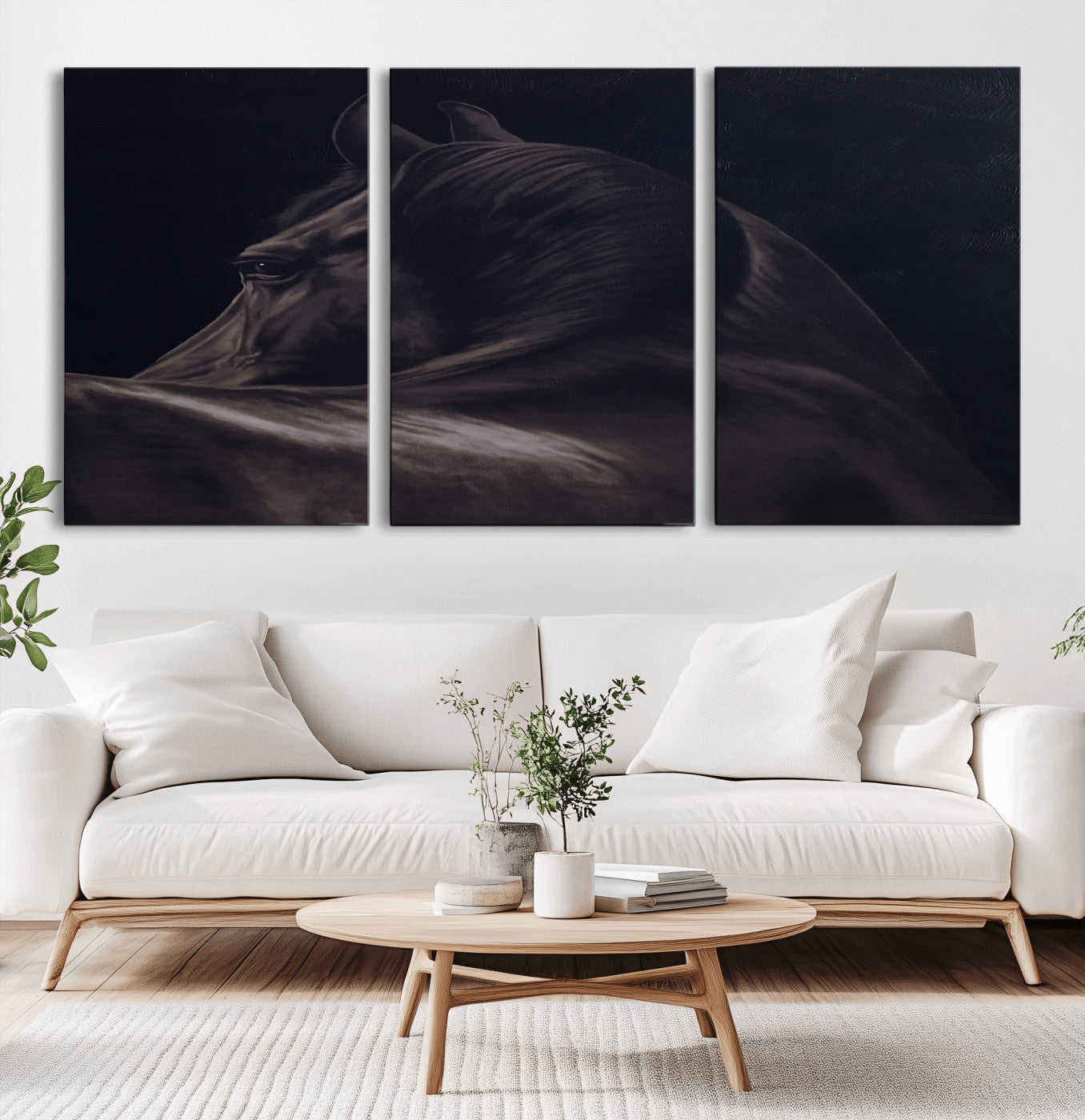 Close-up of a black horse with dramatic lighting on a dark background, perfect for rustic or masculine home decor.
