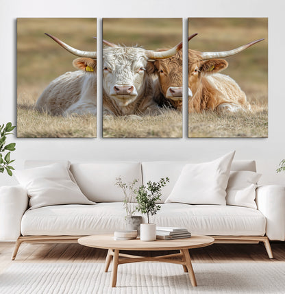 Two cows laying closely in a dry grassy field, captured in soft light, perfect for rustic farmhouse or western style home decor.