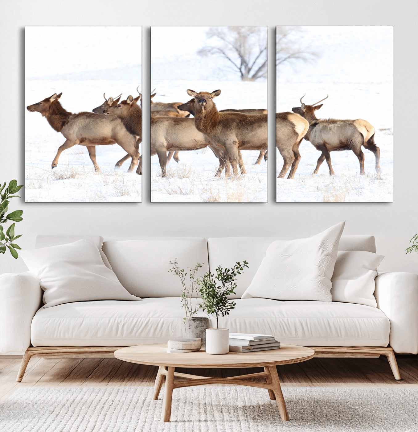 A group of elk standing on snowy terrain with a tree in the background, perfect for rustic or lodge-style winter wall decor.