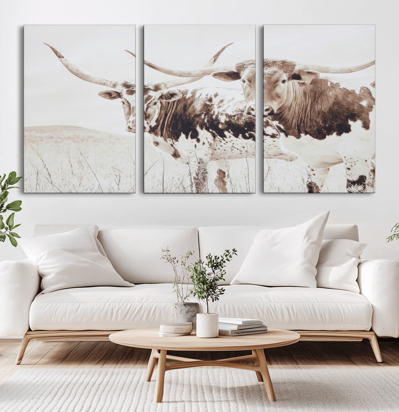 Two longhorn cows standing in a sepia-toned pasture with soft light, ideal for rustic or farmhouse-themed neutral wall decor.