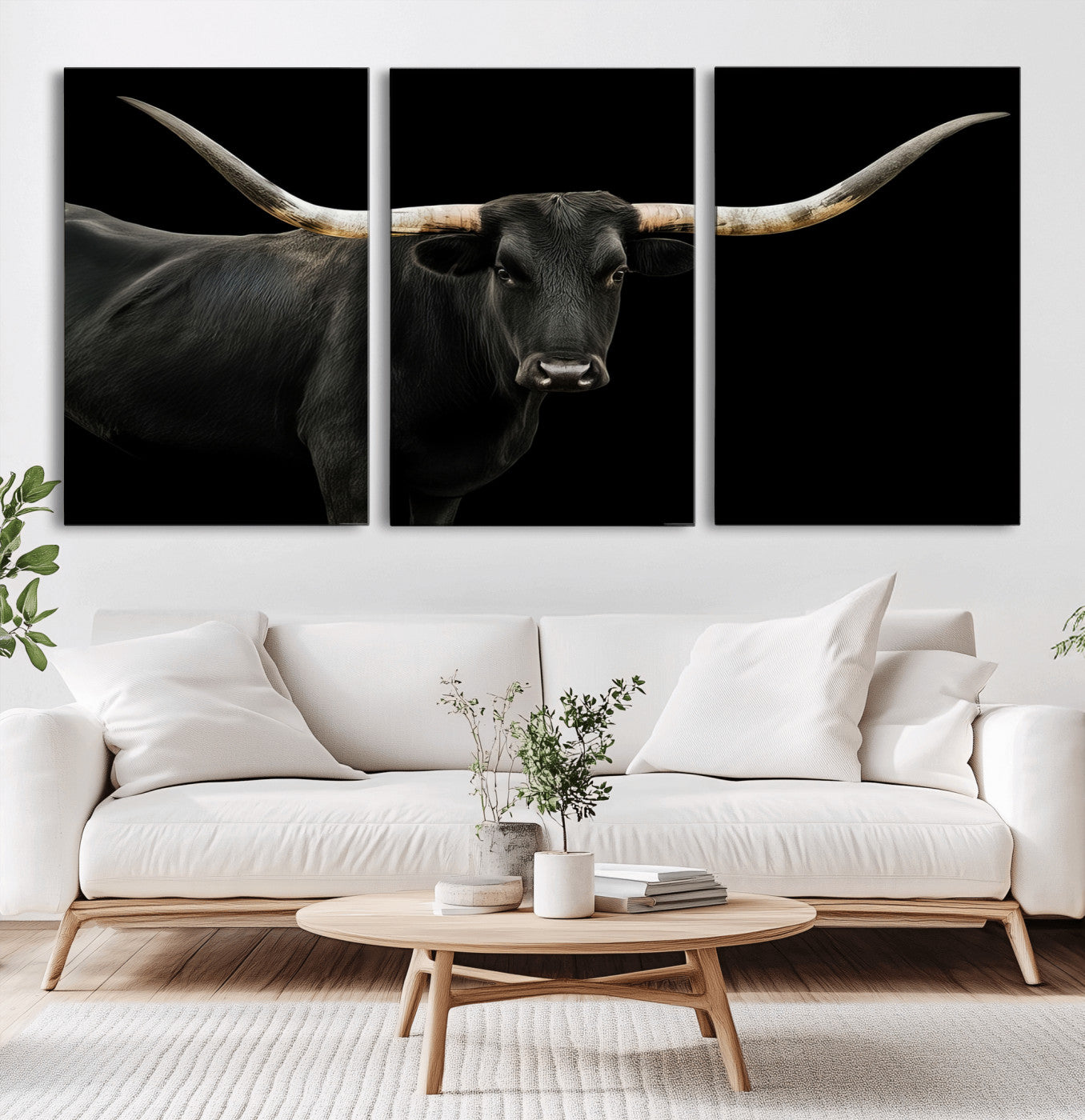 Close-up of a black Texas longhorn with large curved horns on black background, ideal for rustic farmhouse or modern western interiors.