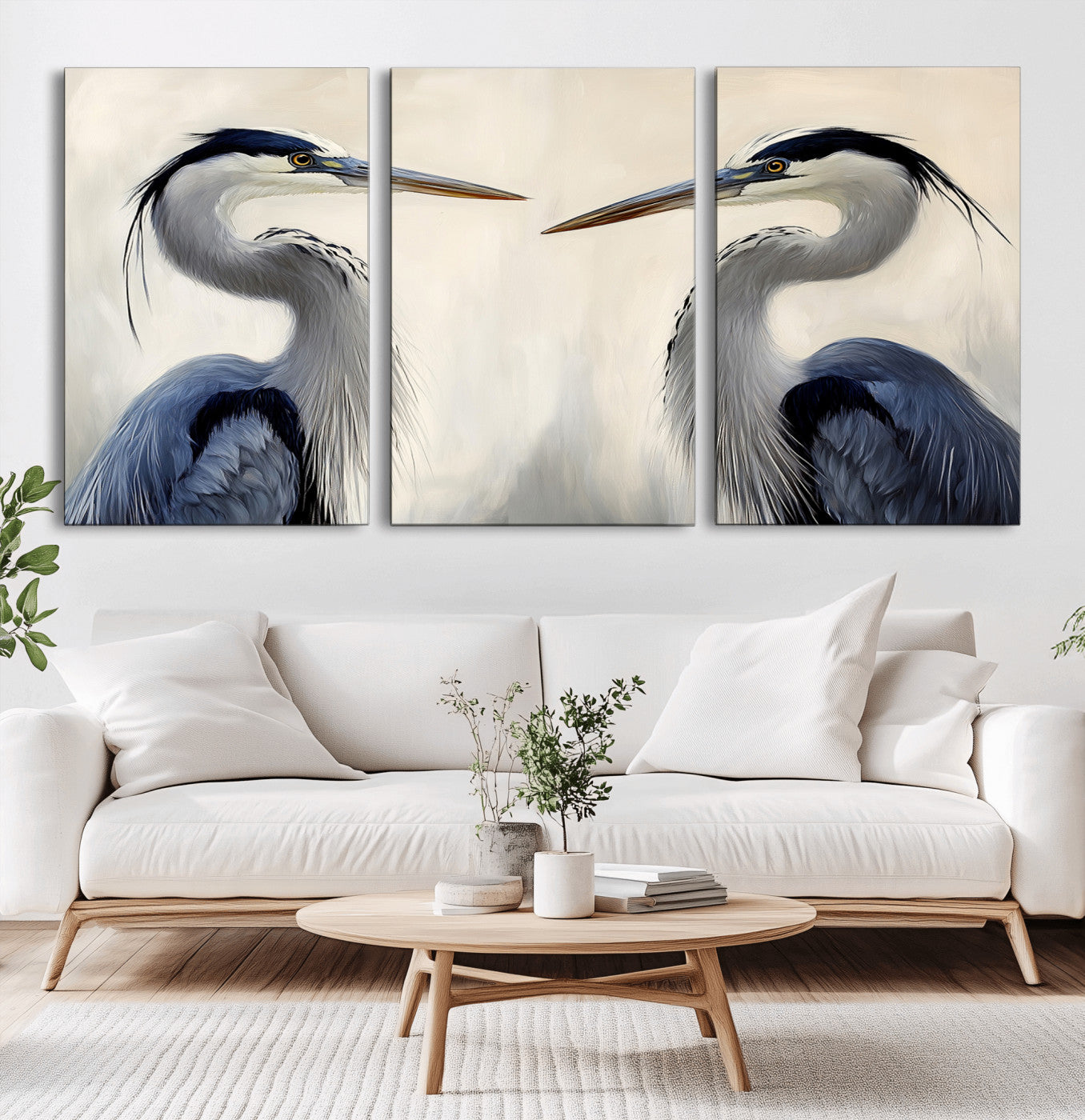 Two blue herons facing each other on a soft neutral background, ideal for coastal, tranquil, or nature-inspired minimalist interiors.