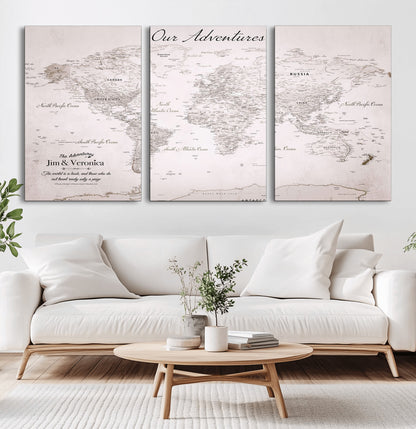 Customize Push Pin World Map Wall Canvas Print – Personalized Travel Map with Foam Pins – Framed Custom Quotie Canvas for Home Office Decor