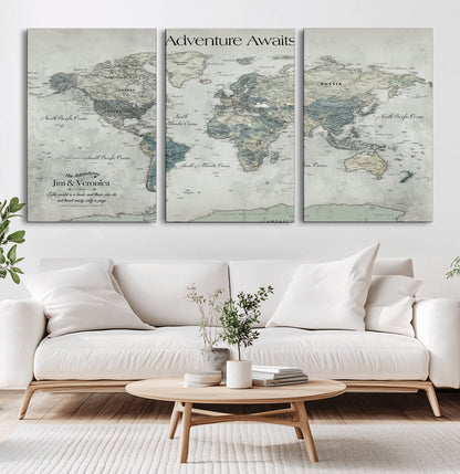 Customize Push Pin World Map Wall Canvas Print – Personalized Travel Tracker with Pins – Framed Custom Quotie Canvas for Home Office Decor
