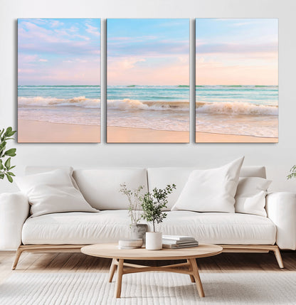 A peaceful beach scene with soft pastel skies, gentle waves washing up on the sandy shore, creating a calm and serene ocean view.