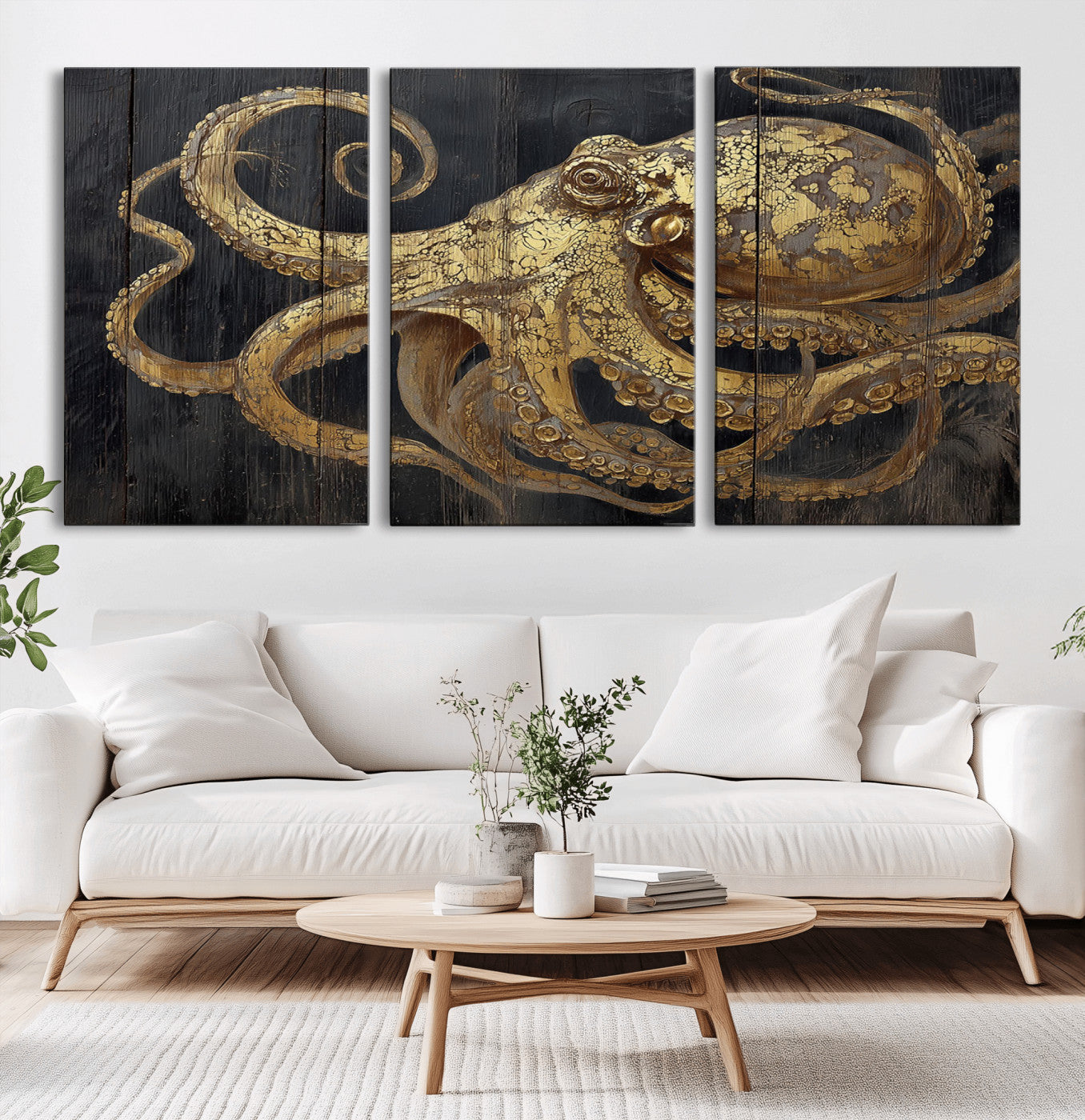 A detailed gold illustration of an octopus on black wooden planks, showing its intricate tentacles and textured skin in an artistic style.