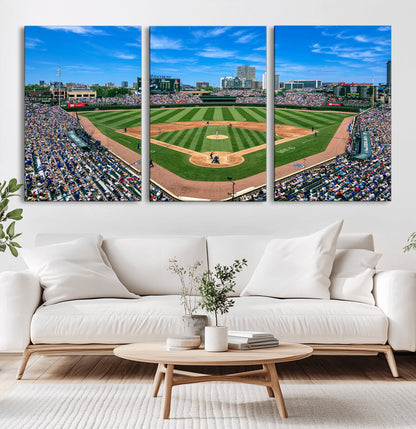 Wrigley Field Baseball Stadium Canvas Wall Art, Packed Crowd Sports Stadium Print, City Skyline Baseball Field Canvas for Game Room Decor