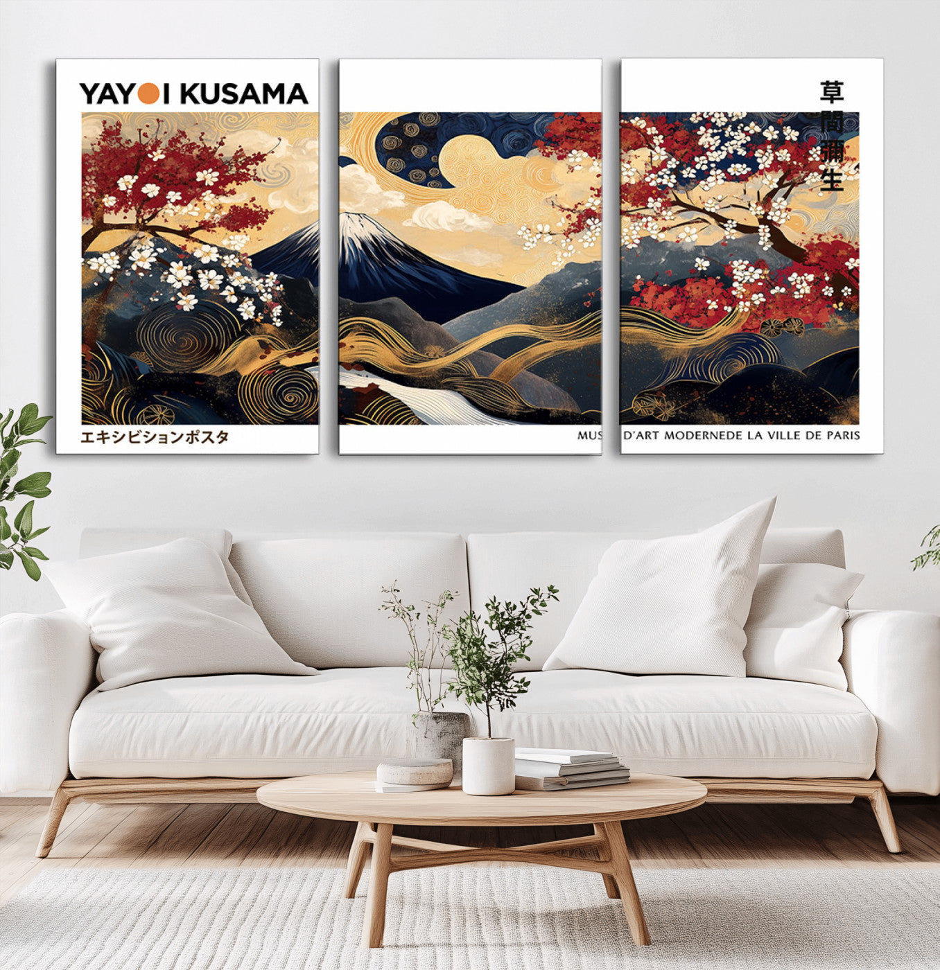 An artwork by Yayoi Kusama featuring Mount Fuji, blooming cherry blossoms, and swirling patterns in a harmonious blend of nature and art.