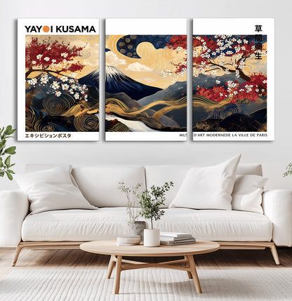 An artwork by Yayoi Kusama featuring Mount Fuji, blooming cherry blossoms, and swirling patterns in a harmonious blend of nature and art.