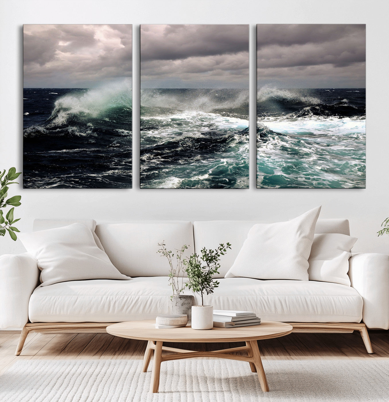 Powerful ocean waves crashing under stormy skies, creating a dynamic and intense seascape.