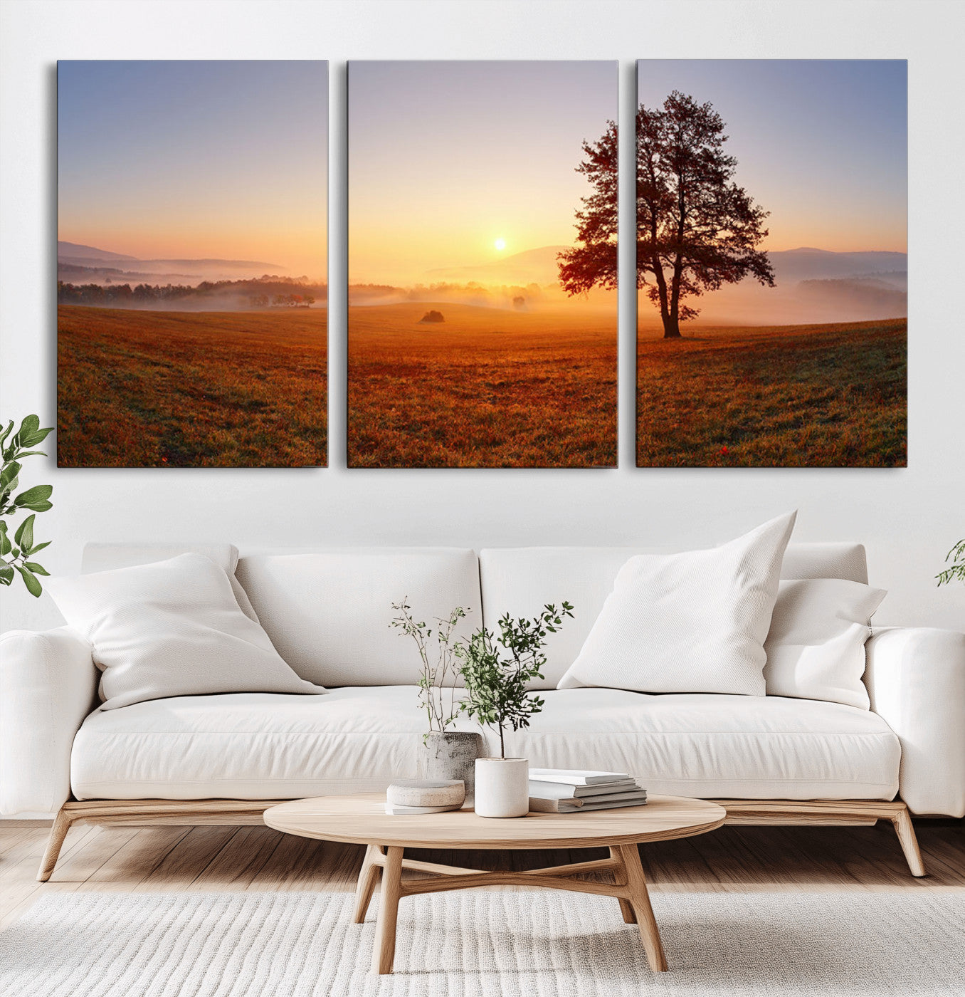 A tranquil landscape at sunrise with a mist-covered field and a lone tree, creating a peaceful and natural atmosphere.