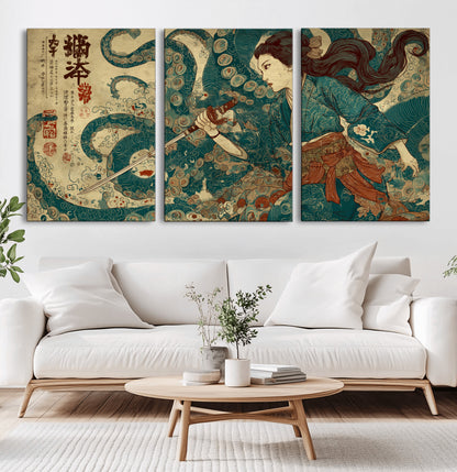 Tsukioka Yoshitoshi Samurai Wall Art Print, Japanese Katana Warrior Canvas Wall Art, Octopus Sea Monster Canvas Print,