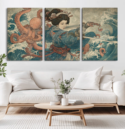 Tsukioka Yoshitoshi Samurai Wall Art Print, Japanese Katana Warrior Canvas Wall Art, Octopus Sea Monster Canvas Print,