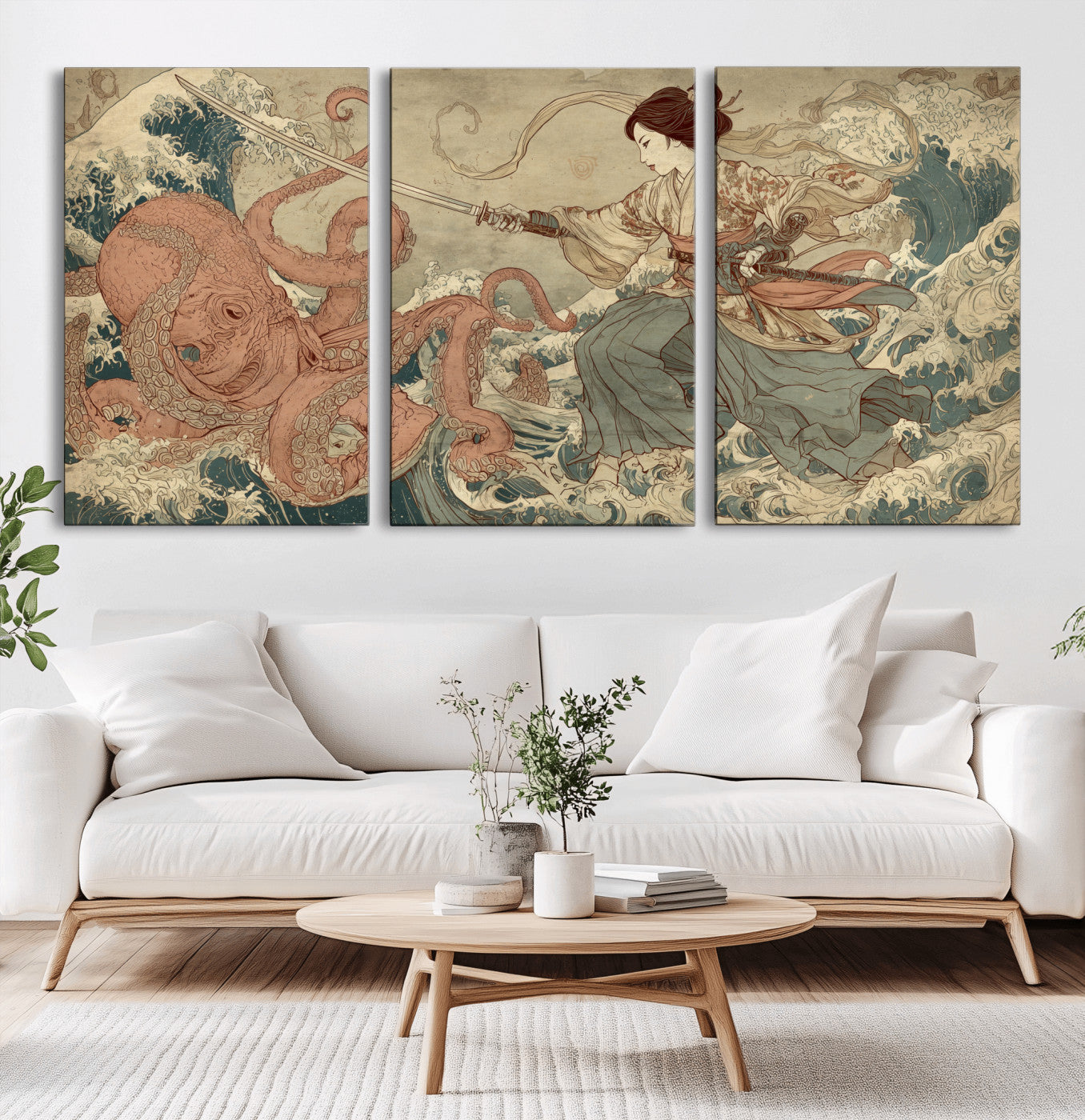 Tsukioka Yoshitoshi Samurai Wall Art Print, Japanese Katana Warrior Canvas Wall Art, Octopus Sea Monster Canvas Print,