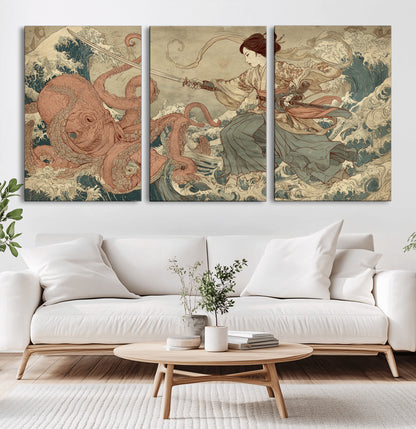 Tsukioka Yoshitoshi Samurai Wall Art Print, Japanese Katana Warrior Canvas Wall Art, Octopus Sea Monster Canvas Print,