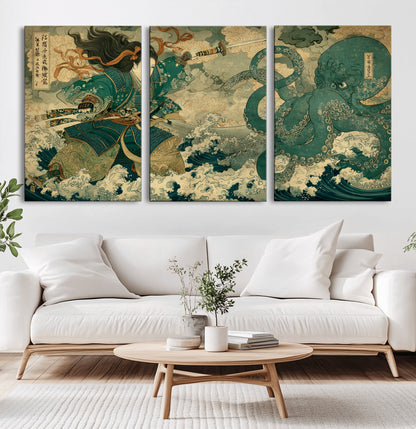 Tsukioka Yoshitoshi Samurai Wall Art Print, Japanese Katana Warrior Canvas Wall Art, Octopus Sea Monster Canvas Print,