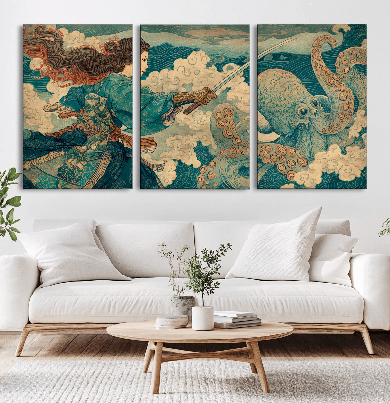 Tsukioka Yoshitoshi Samurai Wall Art Print, Japanese Katana Warrior Canvas Wall Art, Octopus Sea Monster Canvas Print,