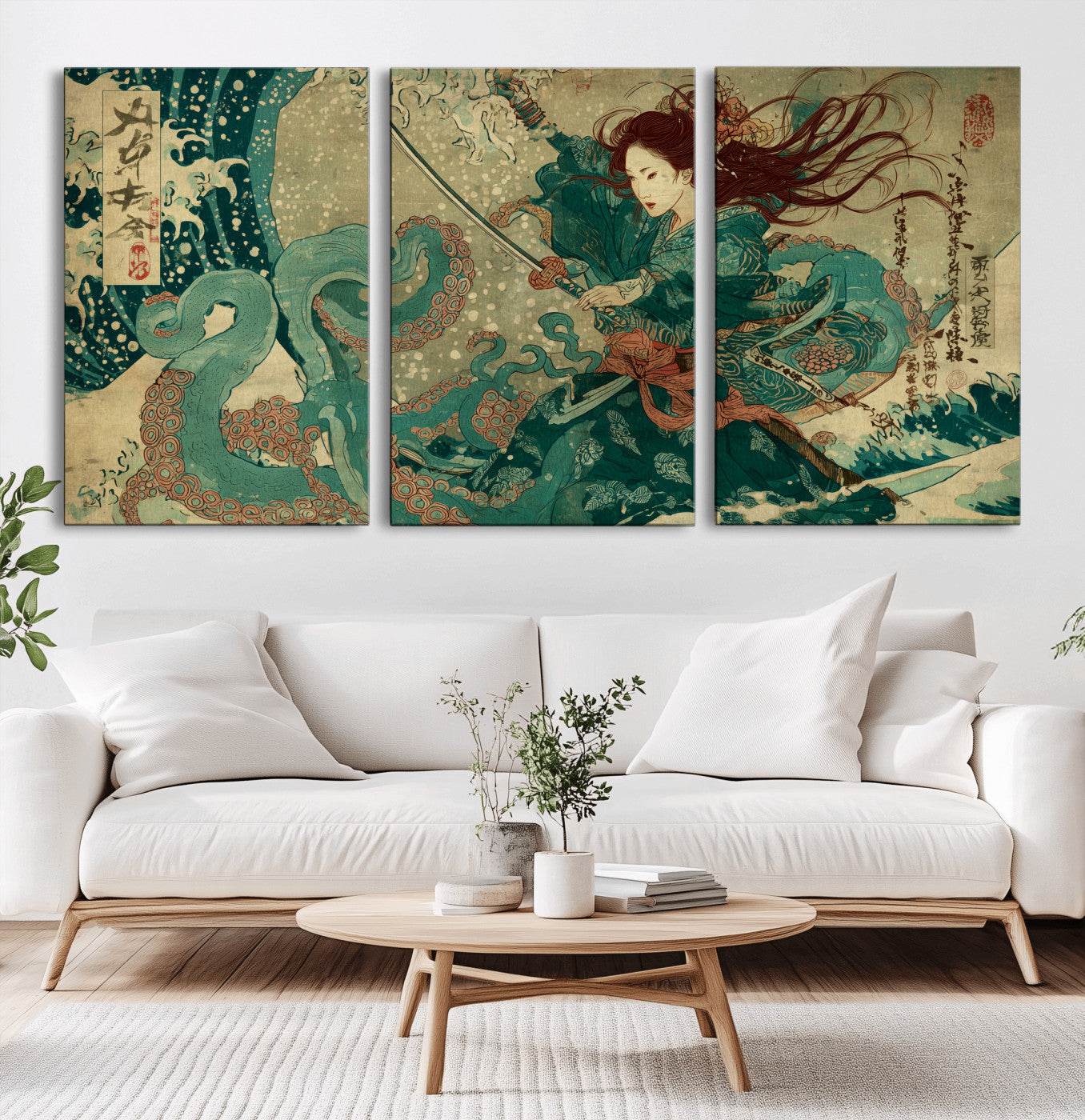 Tsukioka Yoshitoshi Samurai Wall Art Print, Japanese Katana Warrior Canvas Wall Art, Octopus Sea Monster Canvas Print,