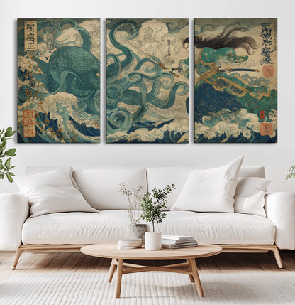Tsukioka Yoshitoshi Samurai Wall Art Print, Japanese Katana Warrior Canvas Wall Art, Octopus Sea Monster Canvas Print,