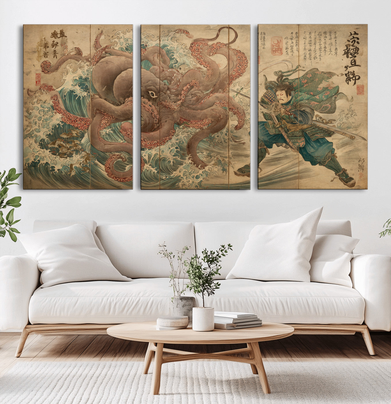 Tsukioka Yoshitoshi Samurai Wall Art Print, Japanese Katana Warrior Canvas Wall Art, Octopus Sea Monster Canvas Print,