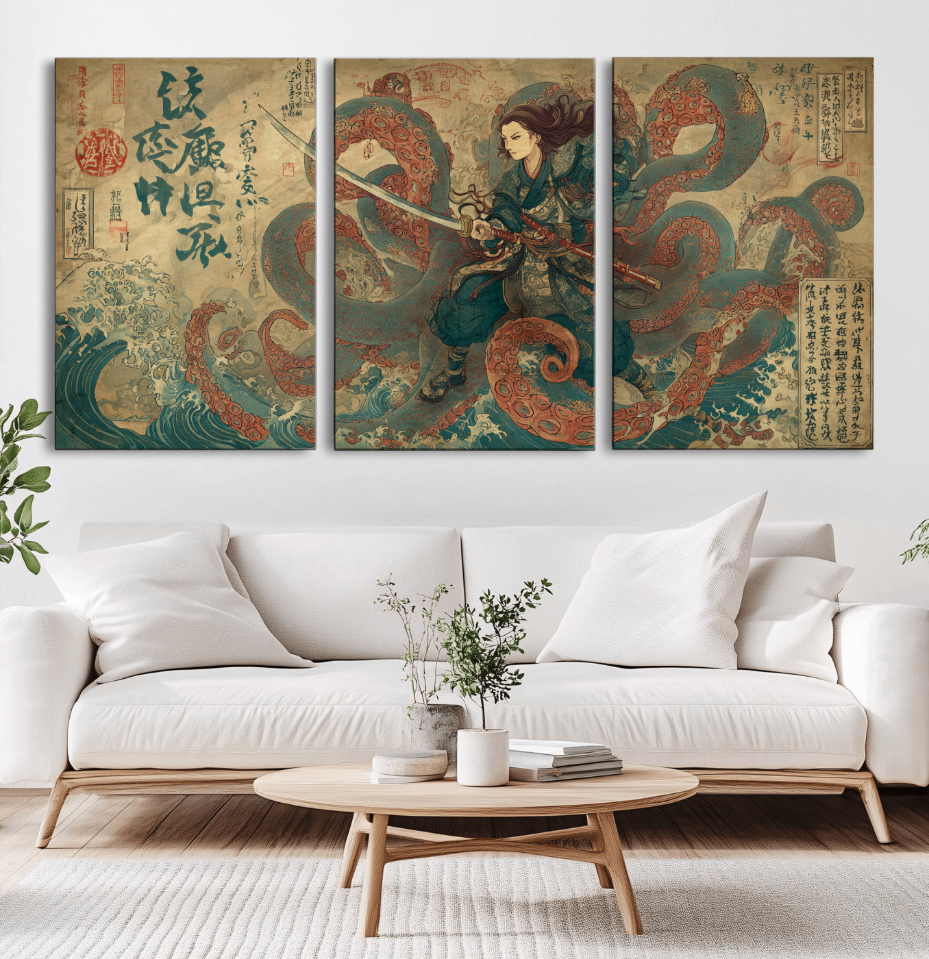 Tsukioka Yoshitoshi Samurai Wall Art Print, Japanese Katana Warrior Canvas Wall Art, Octopus Sea Monster Canvas Print,
