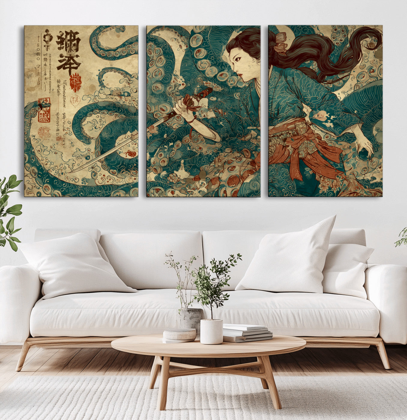 Tsukioka Yoshitoshi Samurai Wall Art Print, Japanese Katana Warrior Canvas Wall Art, Octopus Sea Monster Canvas Print,