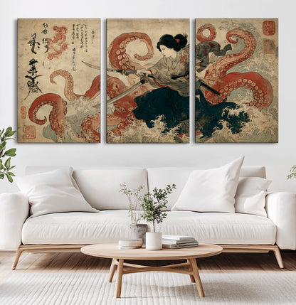 Tsukioka Yoshitoshi Samurai Wall Art Print, Japanese Katana Warrior Canvas Wall Art, Octopus Sea Monster Canvas Print,