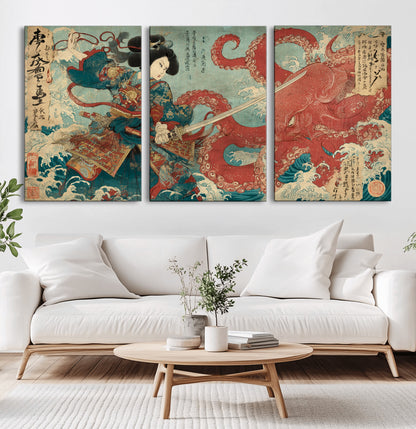 Tsukioka Yoshitoshi Samurai Wall Art Print, Japanese Katana Warrior Canvas Wall Art, Octopus Sea Monster Canvas Print,