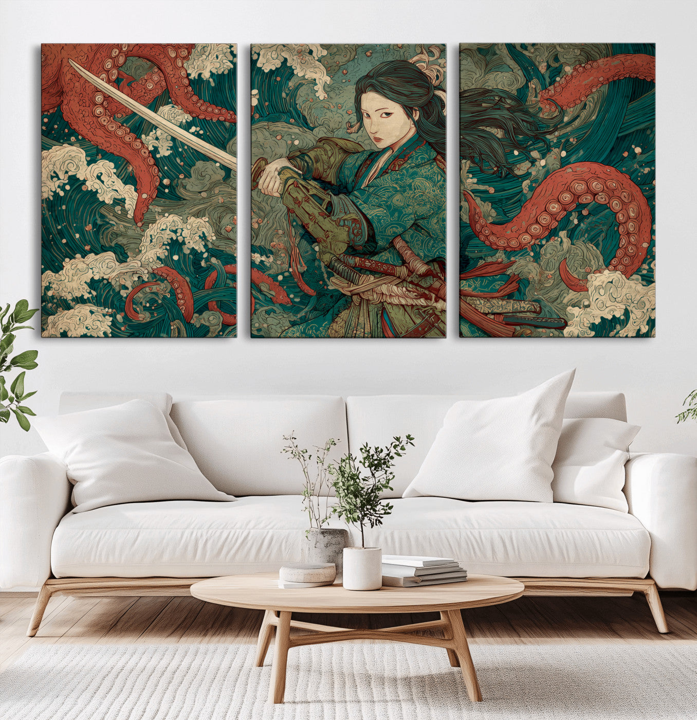Tsukioka Yoshitoshi Samurai Wall Art Print, Japanese Katana Warrior Canvas Wall Art, Octopus Sea Monster Canvas Print,